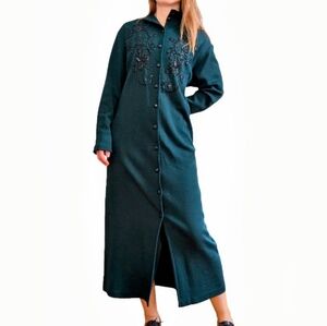 Vintage Liz Claiborne Full Length Green Beaded Button Down Sweater Dress Size L
